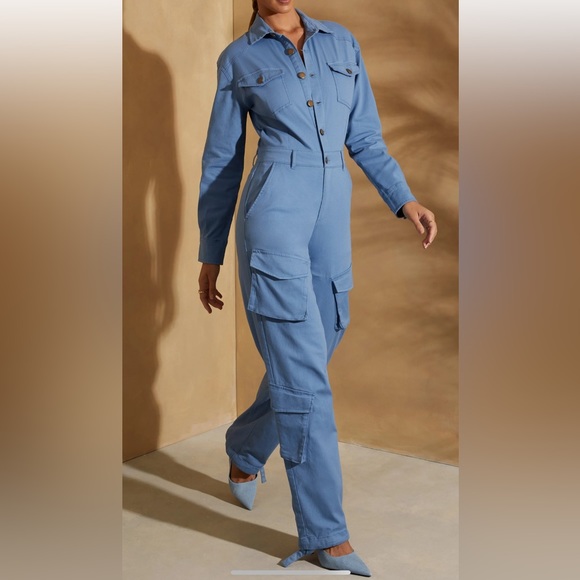 Wide Leg Long Sleeve Cargo Jumpsuit in Dark Blue - Picture 3 of 6